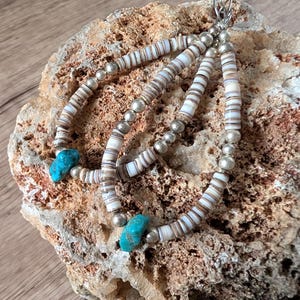 Handmade Vintage Turquoise, Heishi, and Sterling Silver Teardrop Earrings