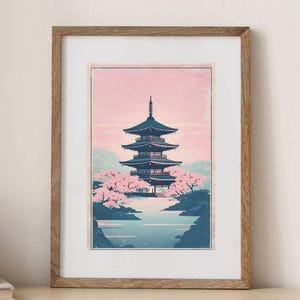 Pagoda Temple Japanese Illustration - Anime Style - Modern Decor Poster - Wall Art - Design - Minimalist - Vibrant - Japan Print