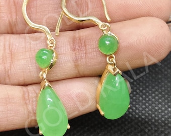 Vintage Green Jade Dangle Earrings: Sterling Silver, 14k Gold Plated