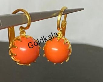 Victorian Ball Coral Dangle Earrings: 14k Gold Plated Sterling Silver Wedding Handmade Jewelry