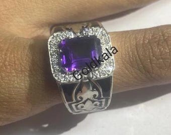 Emerald Amethyst Men's Ring: 14k White Gold Plated Sterling Silver