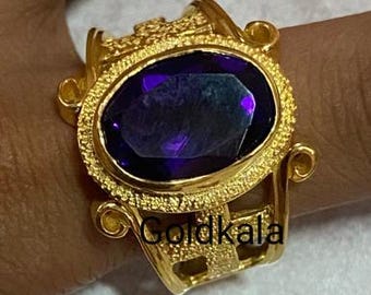 Vintage Oval Amethyst Ring: 14k Yellow Gold Plated Sterling Silver