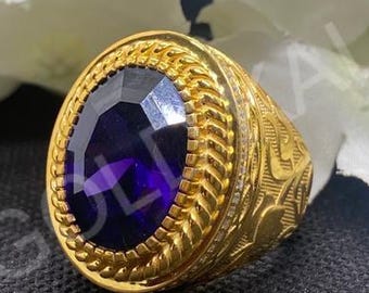 Oval Amethyst Men's Ring: 14k Yellow Gold Plated Sterling Silver