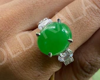 Oval Green Jade Ring: Sterling Silver, 14k White Gold Plated