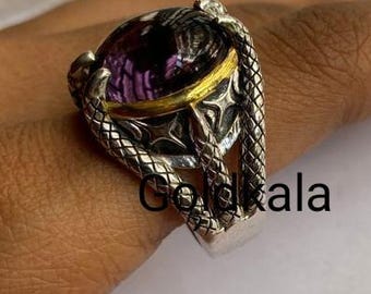 Vintage Oval Amethyst Men's Ring: 14k Gold Plated Sterling Silver Wedding Band