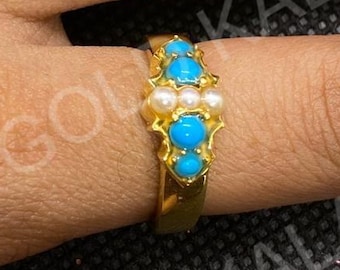 Art Deco Turquoise & Pearl Ring: Handmade Sterling Silver Engagement Bridal