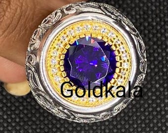 Art Deco Amethyst Ring: 14k White Gold Plated Sterling Silver Unisex Design