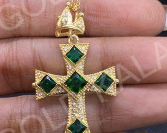 Emerald Cross Pendant: 14k Gold Plated Sterling Silver Christian Necklace