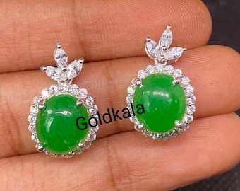 Vintage Green Jade And Diamond Oval Earrings: 14k Gold Finish, Sterling Silver