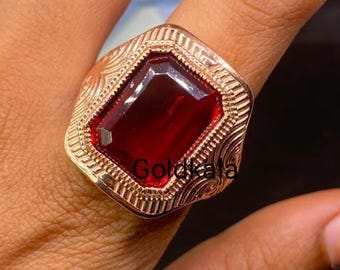 Victorian Antique 16.89 Ct Emerald Cut Ruby Men's Ring: 14k Gold Plated 925 Sterling Silver