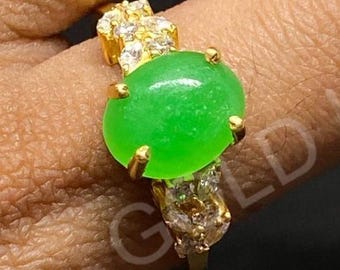 Art Deco Oval Jade Ring: 14k Gold Plated Sterling Silver