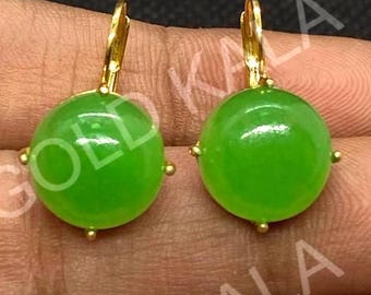 Vintage Green Jade Sterling Silver Earrings: 14k Gold Plated