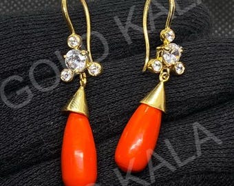 Victorian Coral Dangle Earrings: 14k Gold Plated Sterling Silver