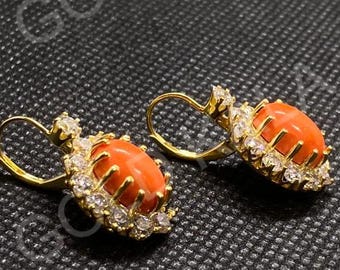 Vintage Coral Stud Earrings: 8Ct Oval, Sterling Silver, Gold Plated