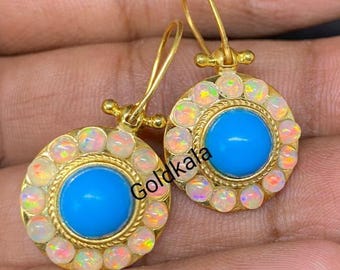 Turquoise & Opal Earrings: 14k Gold Plated Sterling Silver Dainty Jewelry
