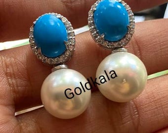 Art Deco Turquoise Drop Earrings: Vintage 14k Gold Plated Sterling Silver