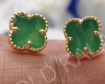 Handmade Sterling Silver Green Jade Flower Stud Earrings: Vintage Style