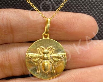 Dainty Honey Bee Necklace: 14k Yellow Gold Finish, Sterling Silver