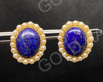 Oval Lapis Lazuli Stud Earrings: 925 Sterling Silver, 14k Gold Plated