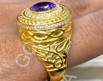 Art Deco Amethyst Sterling Silver Men's Ring: Handmade Statement Jewelry