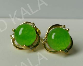 Victorian Green Jade Sterling Silver Earrings: 14k Gold Plated