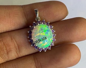 Vintage Opal Oval Pendant: 14k Gold Finish Sterling Silver, Handmade Jewelry