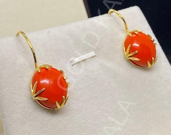 Handmade Coral Dangle Earrings: 6Ct Oval, Sterling Silver, Gold Plated