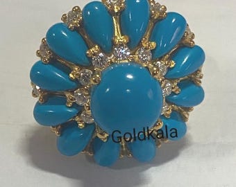 Art Deco Turquoise & Diamond Ring: Handmade Sterling Silver Engagement Bridal Ring