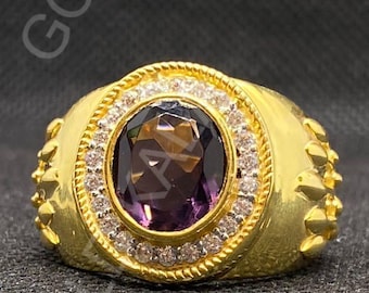 Art Deco Amethyst Men's Ring: 14k Yellow Gold Finish, Handmade