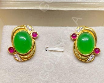 Vintage Green Jade Oval Earrings: 14k Gold Finish, Sterling Silver