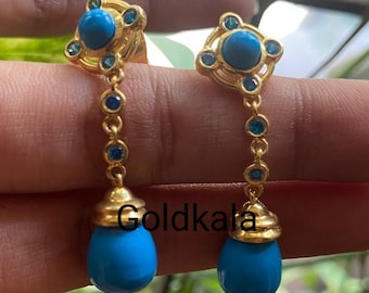Vintage Turquoise Drop Earrings: 14k Yellow Gold Plated, 925 Sterling Silver