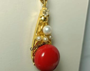 Vintage Coral Pendant: 14k Gold Plated Sterling Silver, Handmade