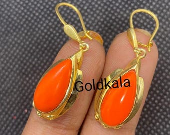 Vintage Coral Dangle Pear Handmade Earrings: 14k Gold Plated Sterling Silver , Gift For Her