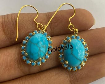 Handmade Turquoise Dangle Earrings: 14k Gold Plated Sterling Silver