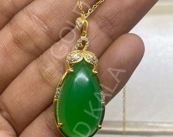 Vintage Jade Pear Pendant: 14k Gold Finish Sterling Silver, Handmade
