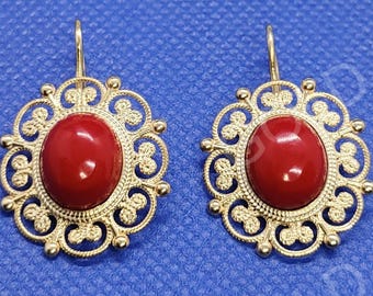 Antique Coral Dangle Earrings: 8Ct Oval, Sterling Silver, Gold Plated