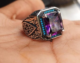 Handmade Emerald Amethyst Sterling Silver Men's Ring - 14k White Gold Plated