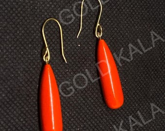 Victorian Coral Dangle Earrings: 14k Gold Plated Sterling Silver
