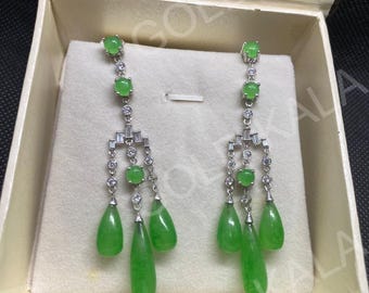 Vintage Green Jade Dangle Earrings: Sterling Silver 925, Handmade