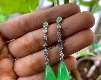 Antique Vintage Green Jade Dangle Earrings: Sterling Silver, 14k Gold Plated, Gift For Her