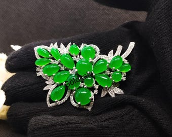 Antique Victorian Natural Green Jade Pear Brooch: Sterling Silver Wedding Jewelry