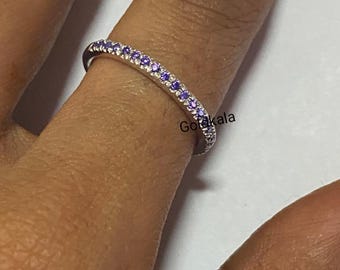 Amethyst Wedding Ring Band: 14k White Gold Plated Sterling Silver Half Eternity