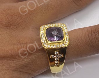 Cushion Amethyst Men's Ring: 14k Yellow Gold Plated Sterling Silver