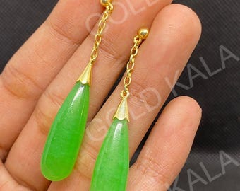Art Deco Green Jade Dangle Earrings: 925 Sterling Silver, Handmade