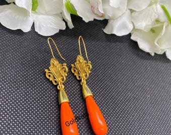 Victorian Orange Coral Dangle Earrings: 14k Gold Plated Sterling Silver Wedding Jewelry,Gold Plated