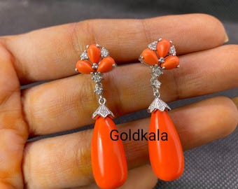 Vintage Orange Coral Diamond Dangle Earrings: Sterling Silver, Handmade Jewelry
