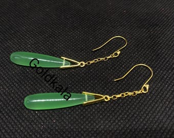 Art Deco Vintage Green Jade Dangle Earrings: Sterling Silver 925, Handmade Jewelry
