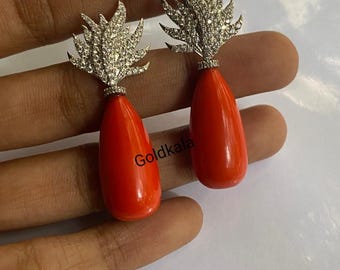 Art Deco Victorian Coral Dangle Earrings: 14k Gold Plated Sterling Silver Wedding Handmade Jewelry
