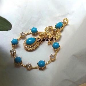 Victorian Turquoise Pendant: 14K Yellow Gold Finish, Sterling Silver