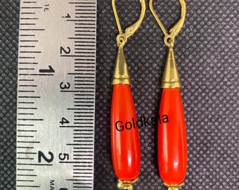 Coral Dangle Earrings: 14k Gold Plated Sterling Silver ,Handmade Earring, Art Deco